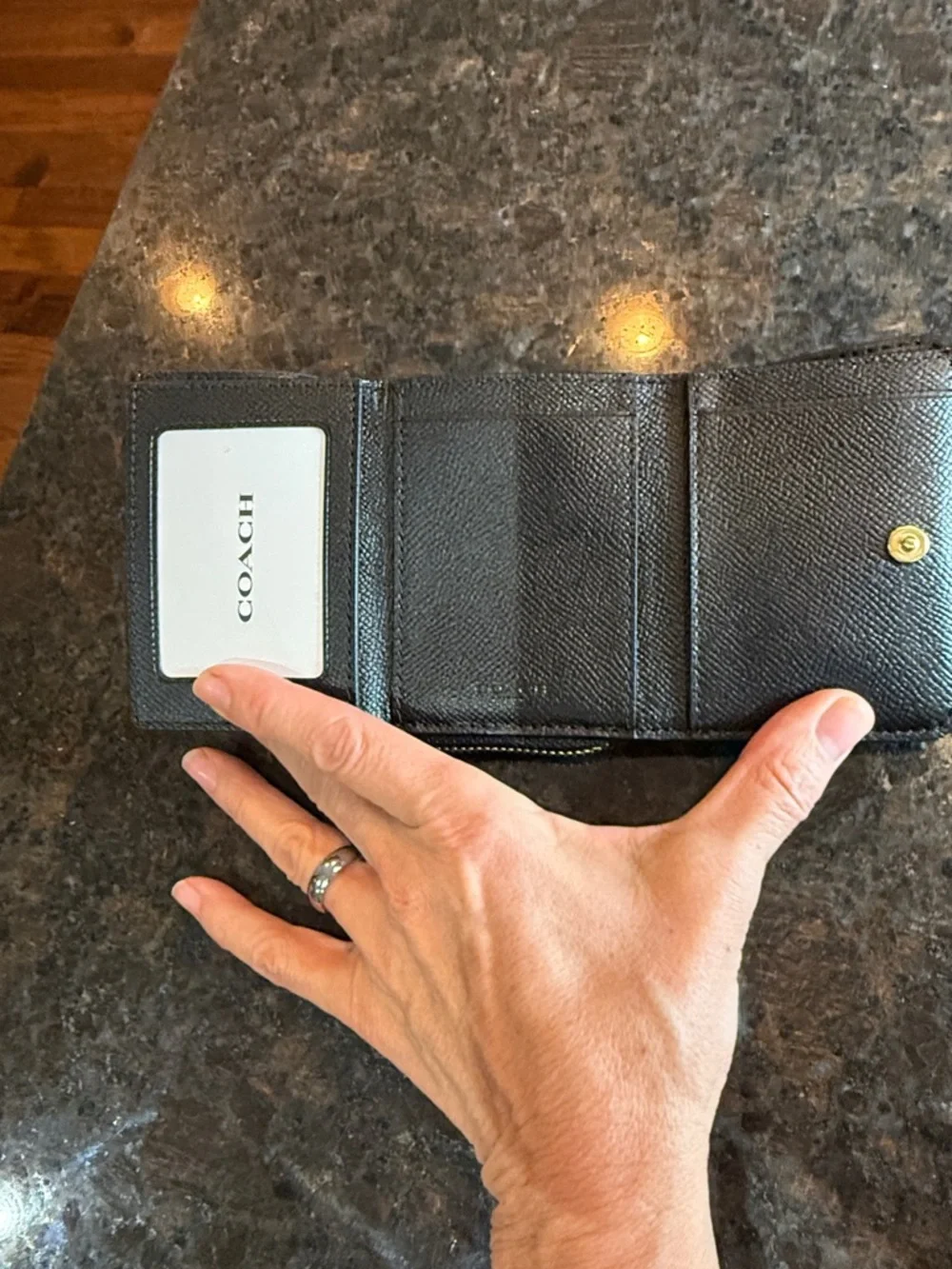 Coach Black Leather Textured Zip Wallet with Gold Logo Accent